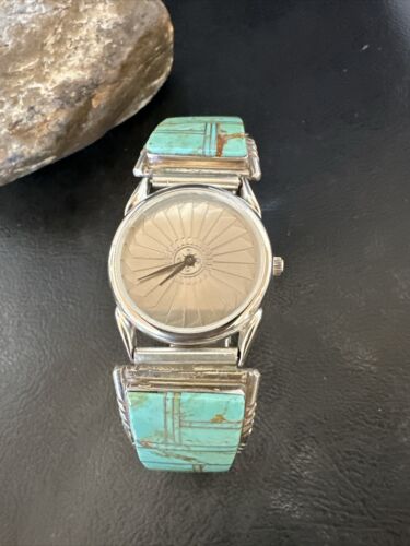 Navajo Men's Blue Turquoise Inlay Watch Tips Band | Sterling Silver | Multi-Stone | 17588