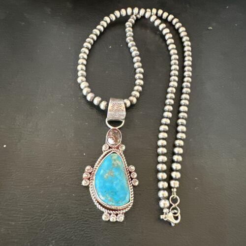 Navajo Blue Kingman Turquoise Wild Horse Pendant Necklace | Sterling Silver | Authentic Native American Handmade | 17223