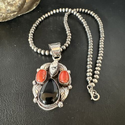 Navajo White Buffalo Coral Onyx Pearls Cluster Pendant | Sterling Silver | Native American Handmade | 15369
