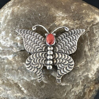 Navajo Butterfly Red Coral Pin Pendant | Sterling Silver | 1.25" | Authentic Native American Handmade | 15235