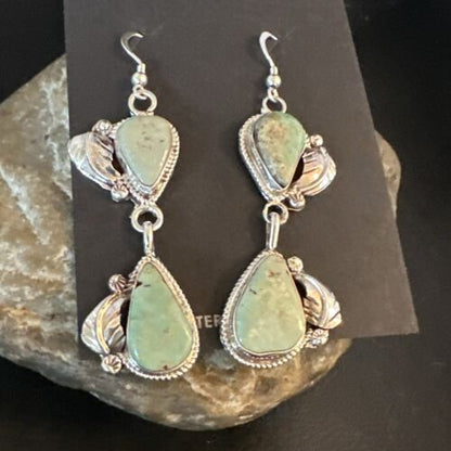 Navajo Green Royston Turquoise Dangle Earrings | Sterling Silver | Authentic Native American Handmade | 16838