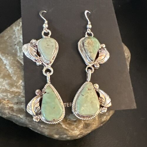 Navajo Green Royston Turquoise Dangle Earrings | Sterling Silver | Authentic Native American Handmade | 16838