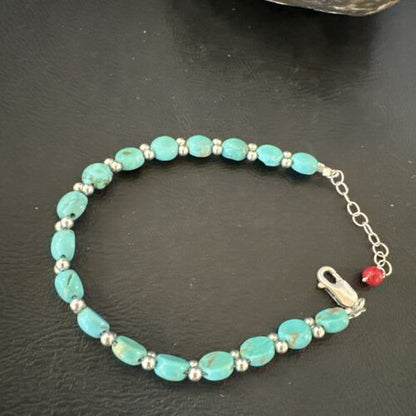 Women's Blue Turquoise Bead Bracelet | Southwestern Sterling Silver Link | 8" | 17498
