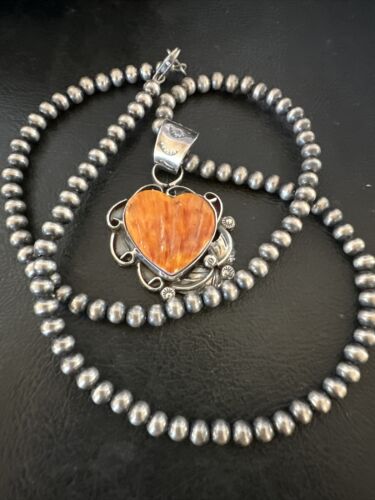 Navajo Orange Spiny Oyster Heart Pendant Necklace | Sterling Silver | Authentic Native American Handmade | 16423