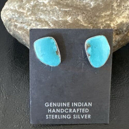Navajo Blue Kingman Turquoise Post Stud Earrings | Sterling Silver | Authentic Native American Handmade | 17468