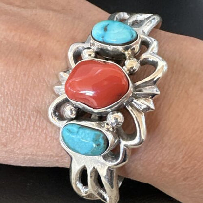 Kingman Turquoise Coral Cuff Bracelet | Navajo Tufa Cast | Sterling Silver | Authentic Native American Handmade | 16406