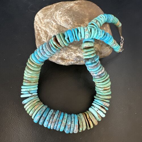 Navajo Blue Green Turquoise Necklace | Sterling Silver Graduated Beads | Authentic Native American | 19" | 15318