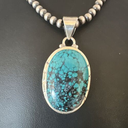 Men's Navajo Blue Spiderweb Turquoise Pendant Necklace | Sterling Silver | Authentic Native American Handmade | 16220