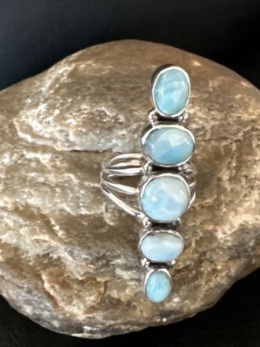 Navajo Blue Larimar Cluster Ring | Authentic Native American Sterling Silver | Multi-Stone | Sz 6.5 | 16161