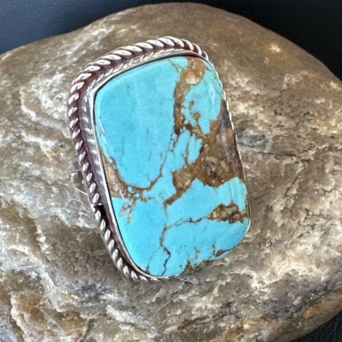 Men's Blue Turquoise #8 Navajo Ring | Sterling Silver | Sz 10.5 | Authentic Native American Handmade | 16636
