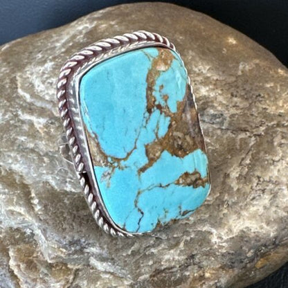 Men's Blue Turquoise #8 Navajo Ring | Sterling Silver | Sz 10.5 | Authentic Native American Handmade | 16636