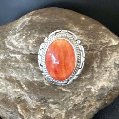 Women's Orange Spiny Oyster Ring | Navajo Sterling Silver | Sz 8.5 | Authentic Native American Handmade | 16032