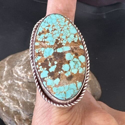 Men's Women's Blue Turquoise #8 Navajo Ring | Sterling Silver | Sz 10 | Authentic Native American Handmade | 16640