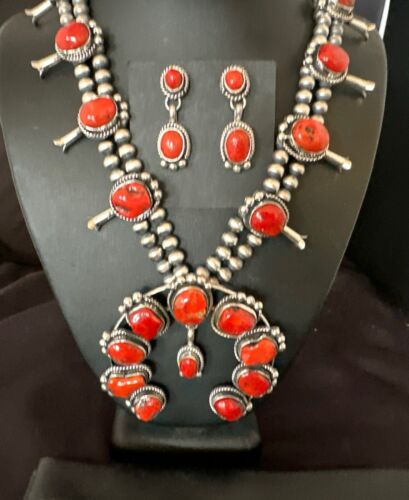 Red Coral Naja Pendant | Sterling Silver Squash Blossom Necklace & Earrings | Native American | 17048