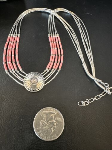 Navajo Concha Pink Conch Heishi 5-Strand Liquid Sterling Silver Necklace 20" | Southwestern Jewelry 15873