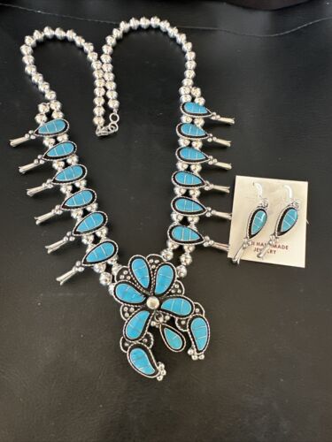 Zuni Kingman Turquoise Inlay Squash Blossom Necklace & Earrings | Sterling Silver | 16544