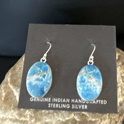 Navajo Blue Turquoise Dangle Earrings | Sterling Silver | Authentic Native American Handmade | 15434