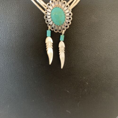 Girls Turquoise Liquid Heishi Necklace | 3-Strand Sterling Silver with Feather Pendant | 02049