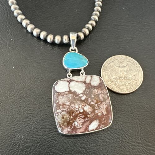 Men's Wild Horse & Blue Kingman Turquoise Necklace | Sterling Silver SW Pendant | 17320
