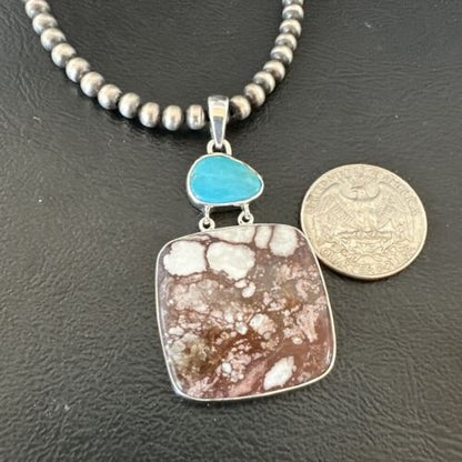 Men's Wild Horse & Blue Kingman Turquoise Necklace | Sterling Silver SW Pendant | 17320