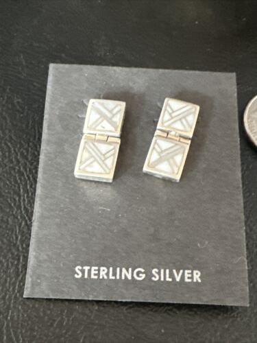 Navajo White Buffalo Turquoise Inlay Post Earrings | Sterling Silver | Authentic Native American Handmade | 15312