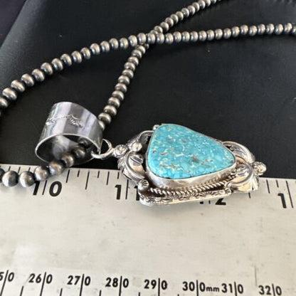 Navajo Kingman Turquoise Pendant Necklace | Sterling Silver Pearls | Authentic Native American Handmade | 15218