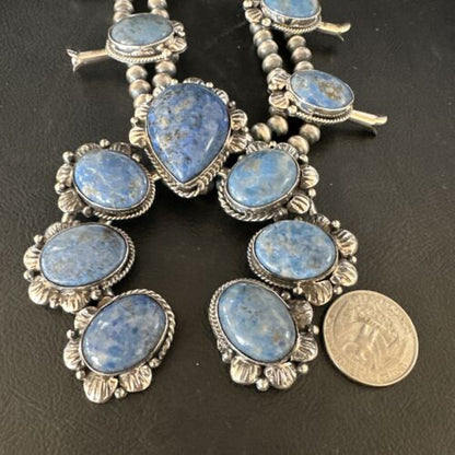 Navajo Sterling Silver Denim Lapis Pendant Necklace | Naja Squash Blossom | Authentic Native American Handmade | 15033