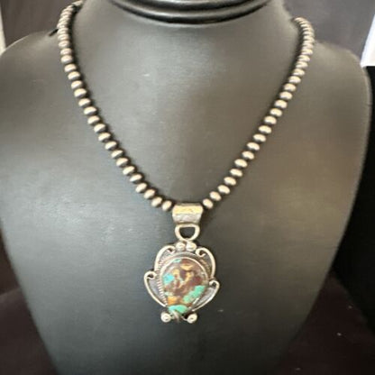 Navajo Blue Turquoise Pendant Necklace | Sterling Silver Pearls | Authentic Native American Handmade | 15649