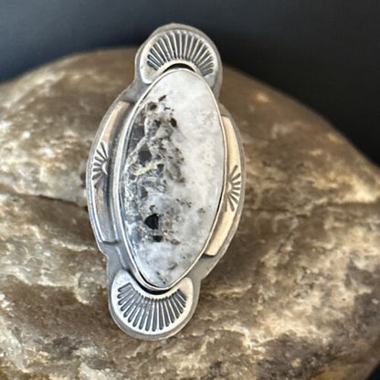 Navajo White Buffalo Turquoise Ring | Sterling Silver | Sz 8 | Authentic Native American Handmade | 14555