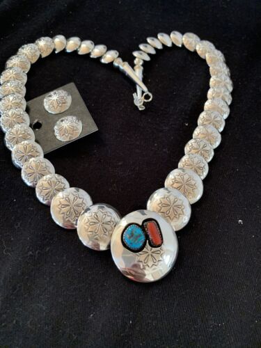 Navajo Coral Turquoise Necklace | Graduated Sterling Silver Pillow Stamped | 15635
