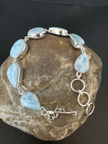Navajo Blue Larimar Bracelet | Sterling Silver 7 Link | 8" | Authentic Native American Handmade | 16085