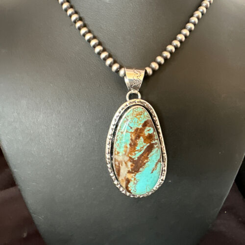 Navajo Blue Turquoise #8 Pendant Necklace | Sterling Silver Pearls | Authentic Native American Handmade | 16346