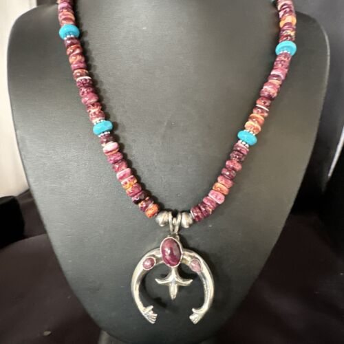 Navajo Purple Spiny Oyster Turquoise Naja Pendant Necklace | Sterling Silver | Native American Handmade | 15263