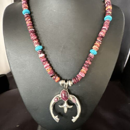 Navajo Purple Spiny Oyster Turquoise Naja Pendant Necklace | Sterling Silver | Native American Handmade | 15263