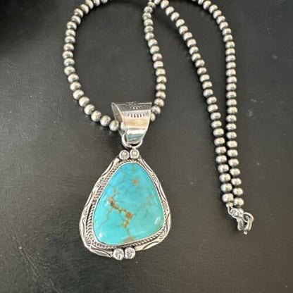 Navajo Blue Kingman Turquoise Necklace Pendant | Sterling Silver | Authentic Native American Handmade | 17476