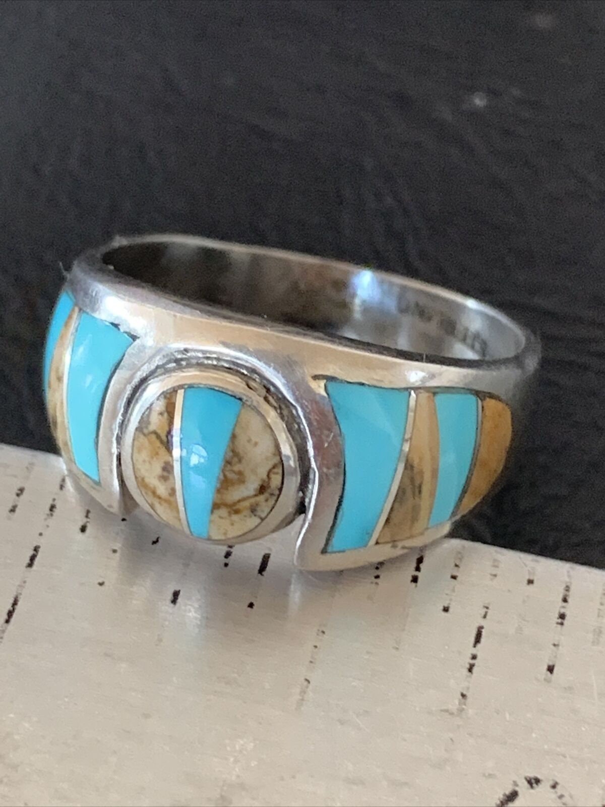 Navajo Coffee Picture Jasper Turquoise Inlay Ring | Sterling Silver | Sz 8.5 | 10982