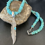 Navajo Blue Turquoise Leaf Pendant | Sterling Silver Pearls Necklace | 21" | Authentic Native American Handmade | 17540