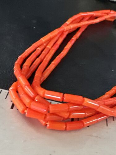 Orange Coral Tube Heishi Bead Necklace | 5 Strand Navajo Sterling Silver | 18" | 15280