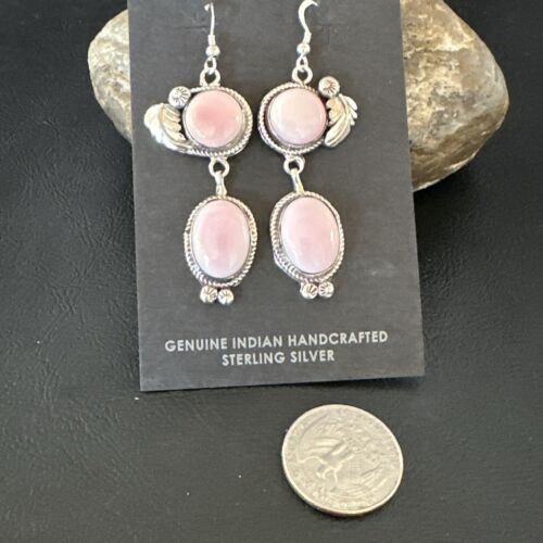 Navajo Pink Conch Shell Dangle Earrings | Sterling Silver | Authentic Native American Handmade | 17191