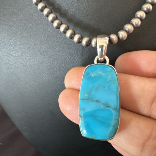Navajo Blue Kingman Turquoise Pendant Necklace | Sterling Silver | 20" | Authentic Native American Handmade | 16701