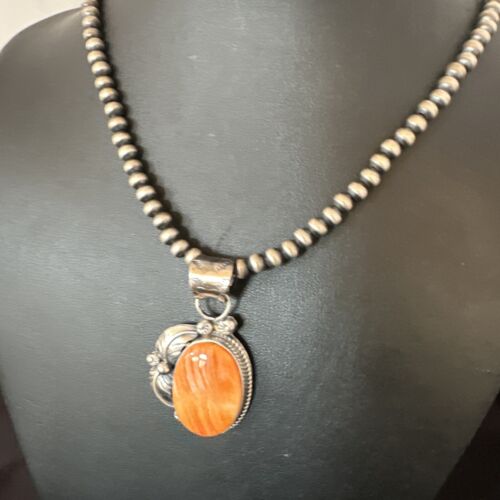 Navajo Orange Spiny Oyster Pendant Necklace | Sterling Silver | Authentic Native American Handmade | 15630