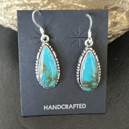 Navajo Blue Turquoise Dangle Earrings | Sterling Silver | Authentic Native American Handmade | 16505