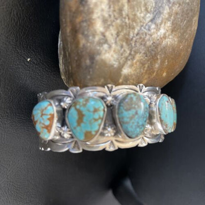 Navajo Blue #8 Turquoise Cuff Bracelet | Sterling Silver | 5 Stones | Authentic Native American Handmade | 01884