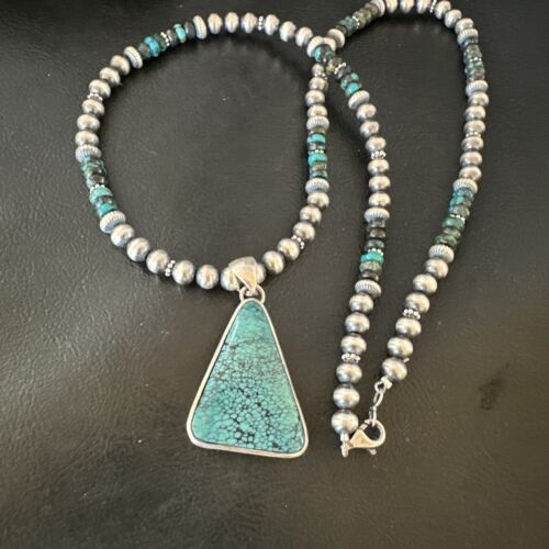 Men's Navajo Blue Spiderweb Turquoise Pendant Necklace | Sterling Silver | Authentic Native American Handmade | 16242