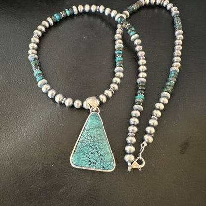 Men's Navajo Blue Spiderweb Turquoise Pendant Necklace | Sterling Silver | Authentic Native American Handmade | 16242