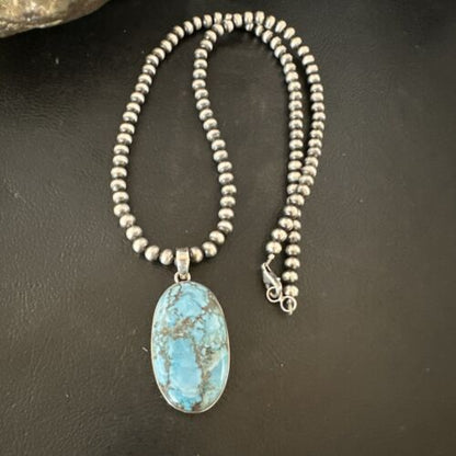 Navajo Blue Spiderweb Turquoise Pendant Necklace | Sterling Silver | Authentic Native American Handmade | 17025