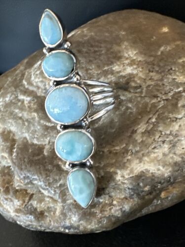 Navajo Blue Larimar Cluster Ring | Authentic Native American Sterling Silver | Multi-Stone | Sz 7 | 16156