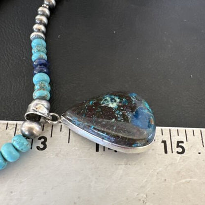 Navajo Blue Turquoise Jasper Pendant with Lapis | Sterling Silver Necklace | Native American Handmade | 16928