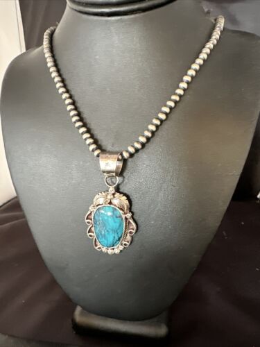 Navajo Pearls Blue Turquoise Necklace Pendant | Sterling Silver | Authentic Native American Handmade | 14882