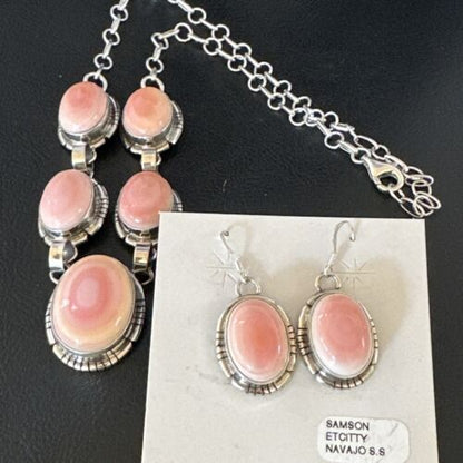 Navajo Pink Conch Choker Necklace | Sterling Silver Pendant 18" | Earrings Set | Authentic Native American Handmade | 16126